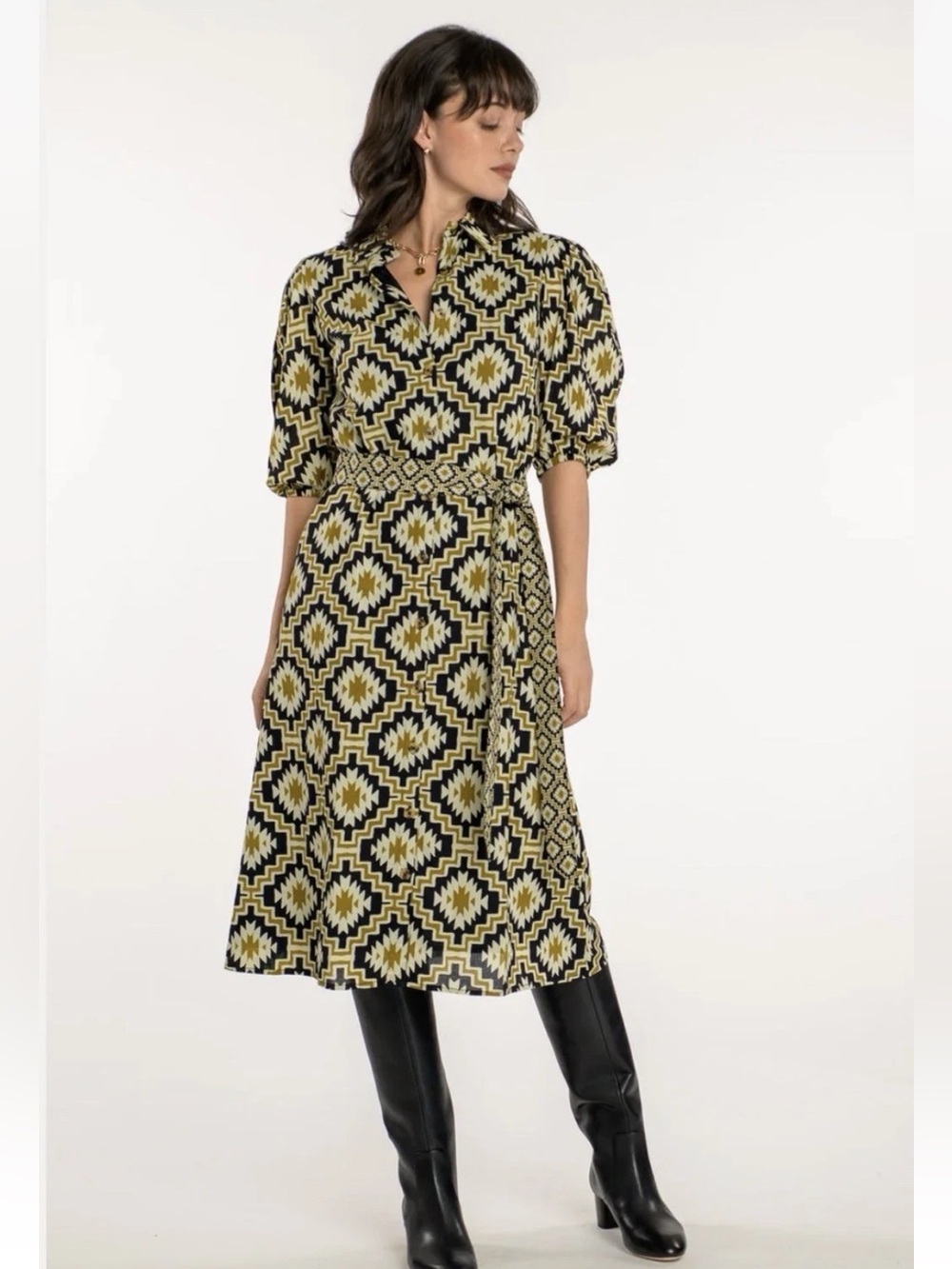 Olivia James The Label Margot Dress Green Black Size XS Belted Midi F